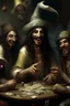 Placeholder: Jesus and some pirates friends smoking and playing cards, davinci. Surreal. Agony face, smile, scream.