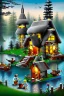 Placeholder: lego cottage in the forest with lake boy girl