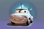 Placeholder: whimsical cartoon car with big eyes and a friendly smile, accompanied by various mechanical parts that form the shape of the car. The cartoon car should have a round body and a pair of big, round headlights that look like eyes. The eyes should be friendly and cute, with thick lashes and a bright sparkle. The car should also have a wide grille that forms a smile, with a row of teeth made of tiny nuts and bolts. The smile should be slightly crooked.