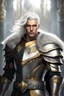 Placeholder: Male Tan Human, White Hair, Handsome Face, King Crown, Dark Heavy Armour, Black and Gold colour theme