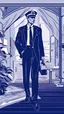 Placeholder: "navy blue" color scheme, a vector, a man is researching