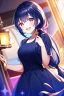 Placeholder: girl, masterpiece, best quality, cinematic lighting, detailed outfit, vibrant colors, perfect eyes, dark blue hair, pink eyes, long hair, low ponytail, dark blue dress, sparkle, depth of field, indoors, god rays, glowing light, ray tracing, laughing,