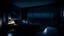 Placeholder: penthouse bedroom at night, dark gloomy, A room with