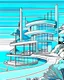 Placeholder: Architectural illustration of a captivating masterpiece of modern minimalist architecture, neo-futurist style. The scene shows a luxury house or resort on a cliff by the sea. Trees three people. Clear summer weather. Complementary colors.