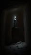 Placeholder: sculpture of a figure in semi-darkness, on the scree cone of an underground room dimly lit by daylight coming from a well located forty meters above.