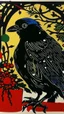 Placeholder: A contemporary serigraphy by Matisse and miyazaki of a human-like crow with a punk leather jacket within a Christmas atmosphere.