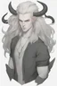 Placeholder: A dnd character portrait, a tiefling man with long hair and two black horns that curve backwards, white eyes and pale skin. Handsome. Young.