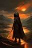 Placeholder: A formidable warrior-a 10-year-old boy in a black robe with a hood, on the background Amazing gloomy landscape, flooded with sunset, mountains, trees, fabulous scary hero, , juicy emotions, painting, dark fantasy, bad weather, gloomy day, dark world, by Raymond Swanland & Anna Razumovskaya & James Paick & Alyssa Monks