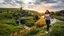 Placeholder: a village over high grassy hills,a small fall and river and wild flowers at river sides, trees houses ,next to Ripe wheat ready for harvest farm,windmill ,a few village local shops ,cloudy sun set sky, a beautifull lady in sports pants and top shirt runimg to camera along river side