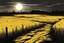Placeholder: sunset, comic style, post-apocalypse field landscape, negative space, temporal hallucination, mystical, dark apocalypse, perspective, very bright yellow colors and deepblack, 4K desktop, ink, very high contrast, chiaroscuro