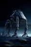 Placeholder: I want an image of a eight legged mechanical walker mech scaling the side of mout everest at night, it has a smooth surface, it has storage pods on its belly human can fit in the pods