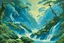 Placeholder: A blue watery coast with water dragons near a rainforest designed painted by Thomas Hart Benton