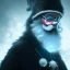 Placeholder: All Black Santa, ghost, wearing high tech mask, white smoke, dark, rage, high definition, ultra 8 k, volumetric lighting, blue fire, fog red rain