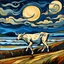 Placeholder: una vaca saltando en la llanura pampeana argentina bajo una luna brillante al estilo de Edvard Munch