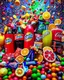 Placeholder: An image filled with Fanta, Coca-Cola, Sprite, chocolate, fruit juices, various fruits, fruit slices, various chocolates from global brands, M&M chocolate, chips, snacks, and chewing gum in a psychedelic, colorful, and eye-catching space.