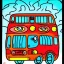 Placeholder: bus with eyes by jim woodring in cartoon style