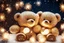 Placeholder: cute teddy bears holding hearts covered in sparkling gold glitter, beautiful winter composition, snowflakes, pine branches, Christmas ornaments and glowing Christmas lights