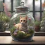 Placeholder: cat in a glass jar shaped as genie bottle, terrarium filled with flowering plants, highly detailed, digital art, sharp focus, hyperrealistic, high octane render, unreal engine