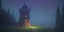 Placeholder: Ruined abandoned overgrown small castle tower in a dense coniferous forest, night, misty, atmospheric, fireflies