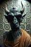 Placeholder: fish eye lense ,pin hole cam, master oil painting by Rembrandt, realistic rendering Portrait of the dark elf drow Apkallu sage who were sent by the god Ea to teach civilization to humanity before the flood. They were depicted as half-human and half-fish or bird, and were associated with wisdom, magic, and culture. blurred tile yin yang pattern background, brightened edges to give a sense of depth