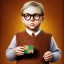 Placeholder: Peter Billingsley chubby kid Tortoise-shell glasses, holding ((Dark red soap bar)) in his hand, brown argyle sweater