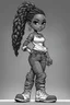 Placeholder: Create a black and white coloring page of a cartoon of a curvy African American chibi female wearing tight jeans and a off the shoulder blouse. She is also wearing timberland boots.. Highly detailed very long extremely braids of hair. Her skin is smooth and silky. Background of a track of ATV riders. No coloring, no shading, no grayscale,