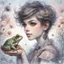 Placeholder: Whimsical and realistic ink, charcoal, markers, and oil painting, Impressionist style, realistic textures, minimalist approach, portrait of a young woman with a pixie cut hairstyle, holding a frog, ith delicate highlights, soft and dreamy background, pastel shades, fantastical ambiance, detailed and intricate linework, fine art quality, intricate patterns, enchanting atmosphere, ethereal lighting, by a blend of Van Gogh and Mary Cassatt, Artstation. Modifiers: bokeh Nikon D850 highly detailed di