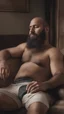 Placeholder: photorealistic, photography, full figure shot, an hairy men sleeping over an old sofa, hands behind the neck, Realistic photography, shirtless, shorts, well defined facial features, strong muscular chubby sweat dirty arab, ugly , 38 years old , open legs, manly chest, big shoulders, manly torso, long beard, dirty ripped tracksuit , very dark living room, dim light, ambient occlusion, view angle from below, frontal view from the ground