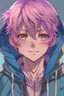 Placeholder: An anime man with messy short pink hair, slight smile, and narrow blue eyes wearing a hooded jacket Realistic.