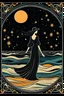 Placeholder: Frau in schwarzer Kleidung läuft auf dem Meer, im Himmel sind die Sterne und der Vollmond zu sehen, im Jugendstil.