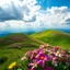 Placeholder: beautiful Green hills covered with flowers colorfull ,blue sky heavy clouds with godray ,very nice flowers at closeup ,wonderfull mountains at distance