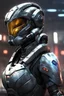 Placeholder: female sci-fi Power-Armor with cool helmet mass effect likeness, fallout game halo armor likeness