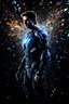 Placeholder: Tom Cruise - pitch-black background with a blue glowing overhead spotlight effect, multicolored shards of broken glass, prism effect, mosaic effect, time travel, space voyages, superheroes, moving really fast