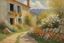 Placeholder: sunny day, clouds, epic mountains, stone wall, flowers, spring trees, spring influence, rocks, distant house, very epic, claude monet, alfred stevens, and georges lemmen impressionism paintings