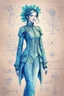 Placeholder: Hand drawn technical,full body portrait illustration , with detailed blueprints and engineering schematics of a walking leaf girl, with highly detailed facial features, drawings, and technical notation, 8k, vibrant natural colors