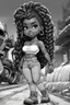 Placeholder: Create a black and white coloring page of a cartoon of a curvy African American chibi female wearing tight jeans and a off the shoulder blouse. She is also wearing timberland boots.. Highly detailed very long extremely braids of hair. Her skin is smooth and silky. Background of a track of ATV riders. No coloring, no shading, no grayscale,