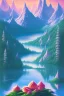 Placeholder: mountain with strawberry ice-cream on top, lake, trees, mystical, Post-painterly abstraction