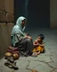 Placeholder: Bosch painting style ,nightmare, a woman beggar wearing Arabic cloths sitting on the side of the street with her children begging