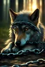 Placeholder: sad small scruffy wolf in chains laying down with head between its paws, high detail, photorealistic, 4k, fantasy, sun setting with trees in the background