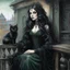 Placeholder: Detailed airbrush and oil illustration of a mysterious woman with long flowing black hair, dressed in an elaborate gothic costume with lace trim and dark velvet. She sits gracefully on the railing of a weathered wooden balcony and looks piercingly at the viewer. Next to her sits an elegant black cat with hypnotic green eyes on the railing, its fur shimmering in the soft moonlight. The background is white to remove