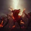 Placeholder: Cerberus, character-design, fire pouring from each mouth, full body, fiery dark skies in the underworld with Hades in the background, 8k, highly detailed, hyperreal, octane render, hdr, dark, sparkling lights, mysterious, surrealism, campbell white, 8K