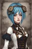 Placeholder: girl with bob, blue hairs, white sweather, steampunk style, steampunk background