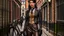 Placeholder: full-height portrait of a woman with straight shoulder-length black hair, with metal arms and legs, dressed in leather trousers, and a waistcoat, in a Victorian street next to a steampunk bike