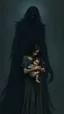 Placeholder: create a sad woman holding her baby protecting him from a big shadow of unknown creature standing behind dark a woman is from the royal treasury in dark shades (brown, blue)
