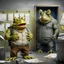 Placeholder: in front the camera be seen up to the waist a fat yellow-green color angry anthropomorphic frog in simple human cloths and take his hands many paper in office, on the wall hang an wall board with some written sheets of paper, behind in background an big strong gray anthropomorphic rhinoceros standing in blue jeans , t-shirt behind in halb open door , dark colors, detailed 3d, sci-fi, fantasy mood