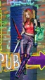 Placeholder: teen woman in retro-futurist cyberpunk costuming with pants and sheathed swords leaning to the side with shoulder against a brick pillar, add a background of brick with graffiti of a large arrow pointing to the right and text of the word "PUB" on lower left