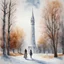 Placeholder: "realistic" full size a woman in a snowy park walks towards a white tower. There are trees and a snow-covered bench along the path. The leaves on the trees are dry and brown. The sky is grey. watercolor wet on wet, romantic, detailed. watercolor painting wet on wet, romantic, detailed, award winning, colourful, focused, nikonD850