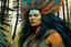 Placeholder: create a wildly conceptual closeup full body print illustration of a female Kwakiutl huntress with highly detailed hair and feminine facial features, in the coastal cedar forests of Vancouver Island , in the comic book art style of Bill Sienkiewicz, Mike Mignola, Sparth, Maxfield Parrish, and Jean Giraud Moebius, finely textured, drawn, colored, and inked, suffused with dramatic natural light