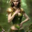 Placeholder: delicate hands with gold apple, upper body of dark celtic selda, fast walker, as a brunette young cute feminine woman, short hair, green forest background, pond, mega flowers,peacock,sun light