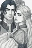 Placeholder: A couple from the dnd game curse of Strahd. The woman has long white hair and blue eyes, the man has LONG BLACK hair and red eyes, no facial hair. KISSING